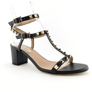 VALENTINO Rockstud Black T-strap Block Heel Sandals 37.5